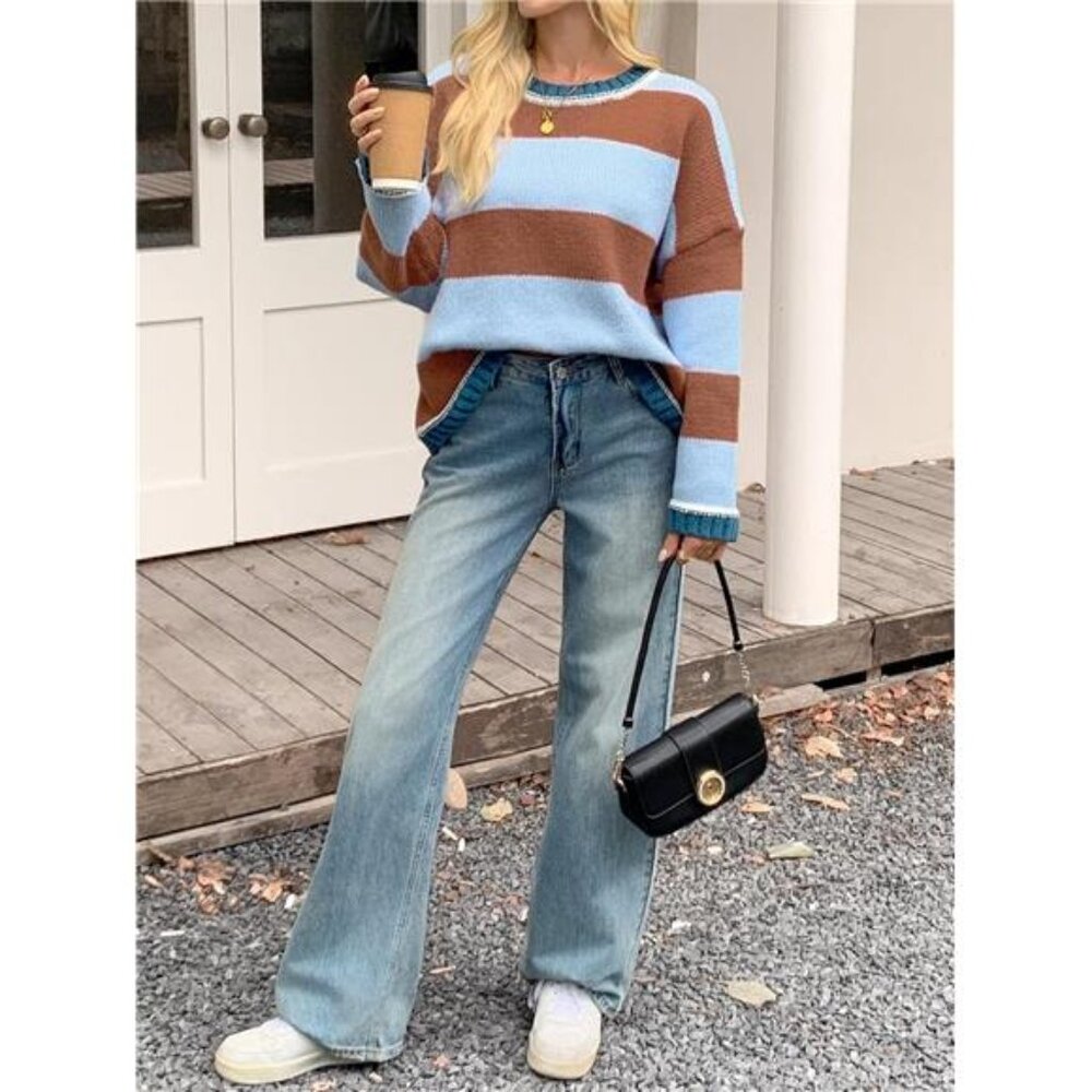 Womens Oversized Sweaters Casual Long Sleeve Striped Color Block - Picture 5 of 6